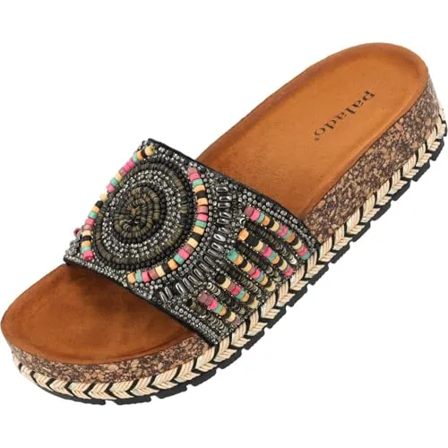 Palado Plateau-Sandalen Damen Olafir - bequeme Pantoletten - elegante Hausschuhe - modische Sommerschuhe Schwarz UK4,5 - EU37