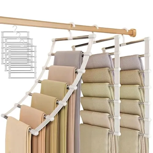 MCTNCT 3 Stück Hosenbügel Platzsparend, 7 Etagen Edelstahl Faltbare rutschfest Hosenständer, Kleiderbügel Hosen Platzsparend mit 360° Drehbar Haken, Geeignet für Jeans,Schals,Handtücher,Krawatten
