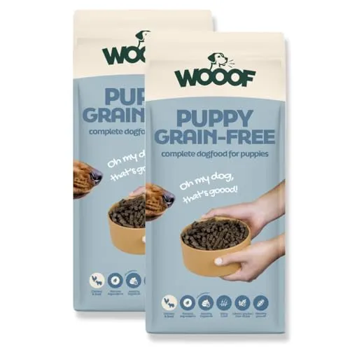 WOOOF Welpenfutter getreidefrei – Trockenfutter mit Pute & Lachsöl, 18 kg für Junior Hunde - Hundefutter für sensible Welpen, 100% getreidefrei und leicht verdaulich, fördert gesundes Wachstum von Knochen und Gelenken.