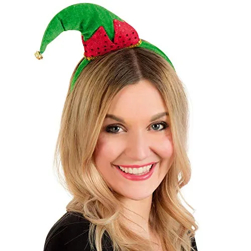 NET TOYS Hübscher Wichtel-Haarreif für Erwachsene - Grün-Rot - Hübscher Damen-Haarschmuck zum Kobold-Kostüm - Ideal für Karneval & Weihnachtsfeier