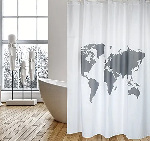 MSV Cotexsa by Premium Anti-Schimmel Textil Duschvorhang - Anti-Bakteriell, waschbar, 100% wasserdicht, mit 12 Duschvorhangringen - Polyester, „World“ Weiß 180x200cm