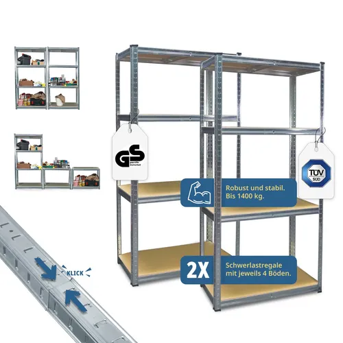 Grafner Schwerlastregal 2er Set - 160x80x40cm, 1400kg - Regalsysteme mit 2 robusten Schwerlastregalen, ideal für Werkstätten. Jedes Regal trägt bis zu 1400 kg, kratzresistent und verstellbare Regalboden für maximale Flexibilität.