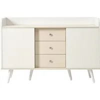 Sideboard 117x39x79 cm mit 3 Schubladen und 2 Schiebetüren in Weiß - Praktisches Sideboard mit 3 Schubladen und 2 Schiebetüren, ideal für stilvollen Stauraum im Wohnzimmer oder Flur. Die erhöhte Kante sorgt für sicheren Halt, während die stabilen Holzbeine für einen festen Stand garantieren.