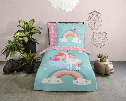 soma Bettwäsche Einhorn Regenbogen Prinzessin hellblau rosa, 2-teilig, 135x200 - Bezaubernde 2-teilige Bettwäsche für Kinder im Einhorn-Design. Aus 100% Baumwolle, pflegeleicht und mit praktischem Reißverschluss. Ideal für süße Träume!