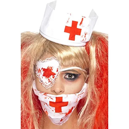 Smiffys Set Blutige Krankenschwester, mit Maske, Kopfteil und Augenklappe, Bluteffekt Halloween