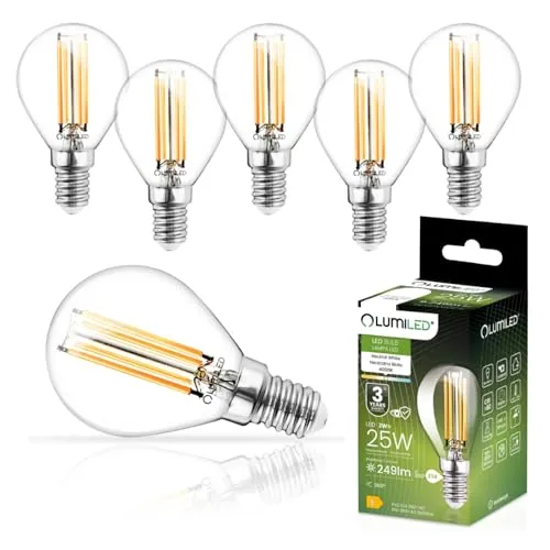 Lumiled P45 E14 LED Lampe 2W (ersetzt 25W), 249Lumen, Vintage Filament Klar Glas LED Lampe Tropfenform Tropfen Kugel 4000K Neutralweiß Birne Lampen 360° Strahlwinkel Glühbirnen Kugelbirnen 6er-Pack