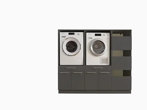 LAUNDREEZY Waschmaschinenschrank mit Wäscheschrank, Anthrazit - Podeste & Rahmen für Waschmaschinen - TÜV-zertifizierter Schrank mit Softclose-Türen, viel Stauraum und erweiterbaren Optionen für eine flexible Nutzung in Ihrem Zuhause.