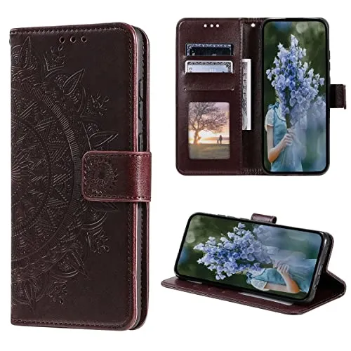 CoverKingz Schutzhülle kompatibel mit iPhone 14 - Handycover mit Kartenfach Schutztasche Wallet - Flip Case klappbar Motiv Mandala Braun