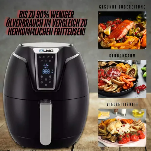 Heißluftfritteuse Premium 3.2L - Airfryer mit Touch-Bedienfeld - Heißluftfritteuse für fettfreies Frittieren, Backen und Grillen. Mit 3.2L Kapazität und extrem leiser Technik für bis zu 5 Portionen. 100% spülmaschinenfest und energieeffizient.
