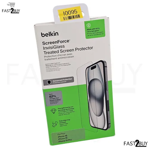 Belkin SF InvisiGlass AM Treated - Gehärtetes Glas für iPhone 16/15/14 Pro, 9H Härte und antimikrobielle Beschichtung für optimalen Schutz und einfache Installation