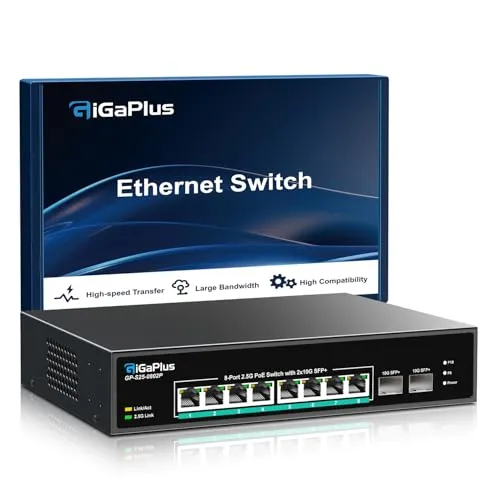Port 2.5Gb Nicht Verwalteter PoE Netzwerk Switch mit 8*2.5G Base-T PoE Port, 2*10G SFP+ Uplink, 802.3af/at (PoE+), 80Gbps Schaltkapazität, GigaPlus 2.5G PoE Switch für 2.5G NAS/PC, WiFi6-Router 10
