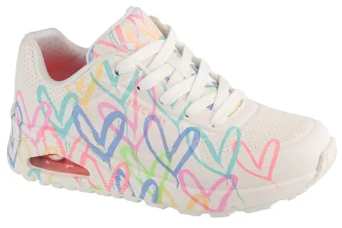 Skechers Uno Sneaker Damen - White Durabuck mit Herzprint - Stylishe Sneakers mit Lovewall-Herzdesign von James Goldcrown; bequemes Duraleder und weich gepolsterter Schaft für optimalen Tragekomfort.