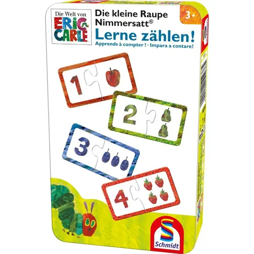 Schmidt Spiele 51238 Kleine Raupe Nimmersatt - Lernspiel in Metalldose für 1-3 Spieler, fördert das Zählen für Kinder ab 3 Jahren