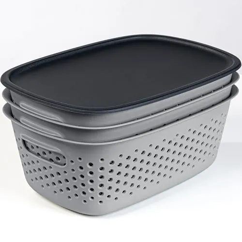 KONZEPT 3er Aufbewahrungsbox mit Deckel klein 3,5 l, Aufbewahrungskorb aus Kunststoff, Farbe grau