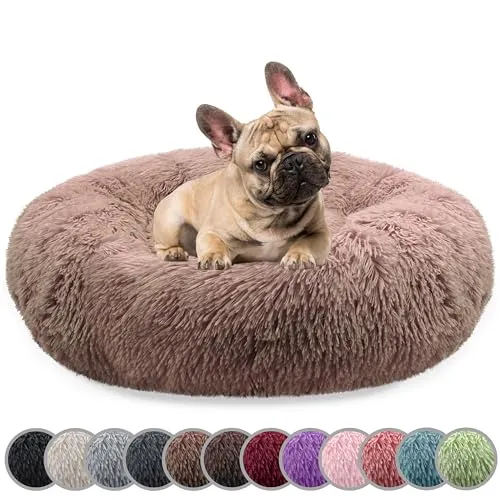 bluzelle Hundebett für Mittelgroße Hunde, 70cm Hundekissen Rund Donut Kissen Hundekorb Flauschig Plüsch, Ergonomisch Bezug Waschbar rutschfest Weich Kunstfell, Farbe:Khaki