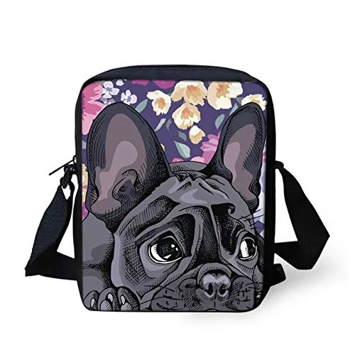 Howilath Kleine Kuriertasche mit lustigem Tierdruck, Outdoor-Reisetasche, Umhängetasche, Handytasche, Französische Bulldogge mit Blumenmuster, Small