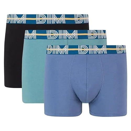 DIM Homme - Boxershorts Style Powerful Cotton Stretch x3 | Farbiger Grafikgürtel | Optimaler Komfort | Weiche, dehnbare Baumwolle Hyazinthblau/Viridgrün/Schwarz 3XL