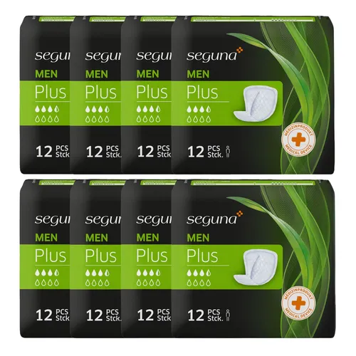 SEGUNA Men Plus Sparpaket (8 x 12 Stück) - Inkontinenzeinlagen für Männer mit starker Saugleistung und aktivem Geruchsbinder. Diskret, hautfreundlich und ideal für unterwegs.