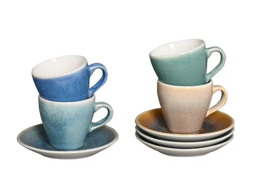 CreaTable - Caldera Espresso-Set 8-tlg (Mix) - Thermobehälter für 4 Personen, bestehend aus 4 bunten Espressotassen und Untertassen aus spülmaschinengeeignetem Steinzeug, ideal für den täglichen Gebrauch.