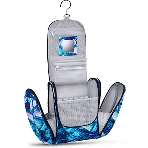 Großer Premium Kulturbeutel zum Aufhängen mit Spiegel [Modell 2021] für Männer und Frauen I Geräumiger Kulturtasche Herren mit Haken I Beauty Case Damen I Waschtasche I Kosmetiktasche (Blätter)
