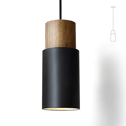ouglres Pendelleuchte Schwarz 1 Flammig,Vintage Zylinder Holz Hängelampe,Aluminium Industrial Hängeleuchte E27 Leuchtmittel 60W für Küche Esstisch Wohnzimmer Schlafzimmer Restaurant,Höhenverstellbar