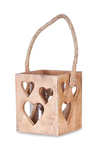 levandeo Windlicht Herz aus Mangoholz - Teelichthalter aus hochwertigem Mangoholz, mit dekorativen ausgestanzten Herzen und praktischem Glaseinsatz für romantisches Kerzenlicht.