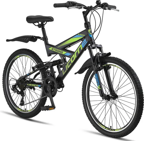 Licorne Bike Strong V Premium Mountainbike 24 Zoll - Allround-Fahrrad für Jung und Alt - Mountainbike mit 21 Gang-Schaltung und Vollfederung, ideal für Alltag und Abenteuer. Robuster Stahlrahmen, 85 % vormontiert für schnellen Fahrspaß!