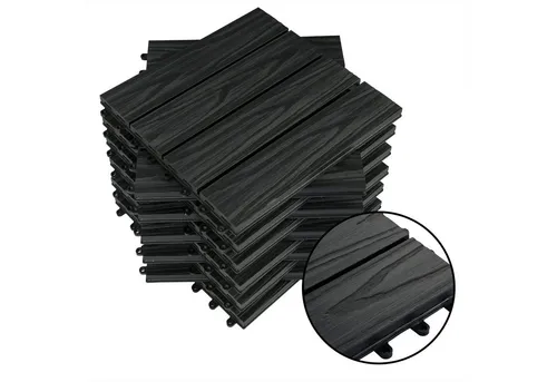 Woltu WPC-Fliesen 11er-Set in Holzoptik, Anthrazit - Wetterfeste WPC Balkonfliesen, UV-beständig und rutschhemmend, ideal für Garten und Terrasse, einfaches Stecksystem für schnelle Montage ohne Werkzeug.