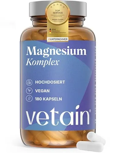 VETAIN Magnesium Komplex hochdosiert - 180 Kapseln - 350mg pro Tagesdosis - 4-Fach Komplex mit Magnesiumcitrat, Bisglycinat, Malat & Taurat - ohne Oxid - Vegan & laborgeprüft