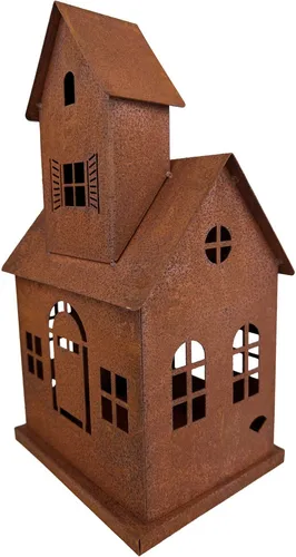 Dekohaus Windlicht aus Metall mit Edelrost zum Hinstellen 31cm hoch