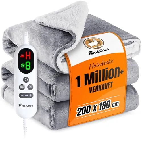 Mia&Coco Heizdecke mit Abschaltautomatik 180x200cm, 10 Heizstufen Up-to-9 Stunden Auto-Off-Timer Elektrische Wärmedecke Bett Wärme Decke ETL-Zertifiziert für Home & Office Flanell Waschbar, Grau