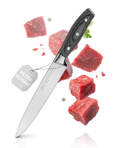 RÖSLE Fleischmesser WOLFGREY 18 cm – Extrem scharfes Tranchiermesser für Fleisch & Fisch - Hochwertiges Tranchiermesser mit 18 cm Klinge aus rostfreiem X50CrMoV15 Stahl für präzise Schnitte. Ergonomischer Pakkaholzgriff sorgt für sicheren Halt – ideal für Hobby- und Profiköche.