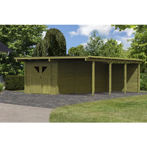 Karibu Doppelcarport Eco - Robuster Carport aus Nadelholz für PKW, Motorrad oder Fahrrad, mit wetterfestem PVC-Dach und stabilen Pfosten für optimale Sicherheit.