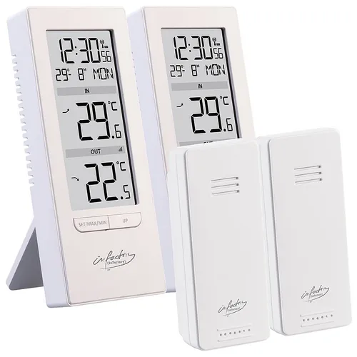 infactory 2er-Set Digitale Temperaturstation, Innen-/Außenthermometer, Funkuhr