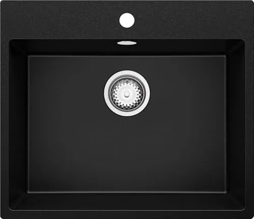 PRIMAGRAN Spülbecken Schwarz 58x50cm, Granitspüle 1 Becken + Ablauf-Set, Küchenspüle ab 60er Unterschrank - Riga S172