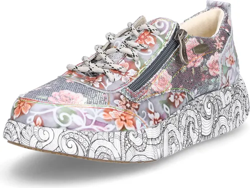 Laura Vita Damen Sneaker grau – Elegante Sportlichkeit - Sneaker aus Leder und Textil in Grau mit floralem Design, sportlicher Laufsohle, praktischem Reißverschluss und Wechselfußbett für optimalen Tragekomfort.