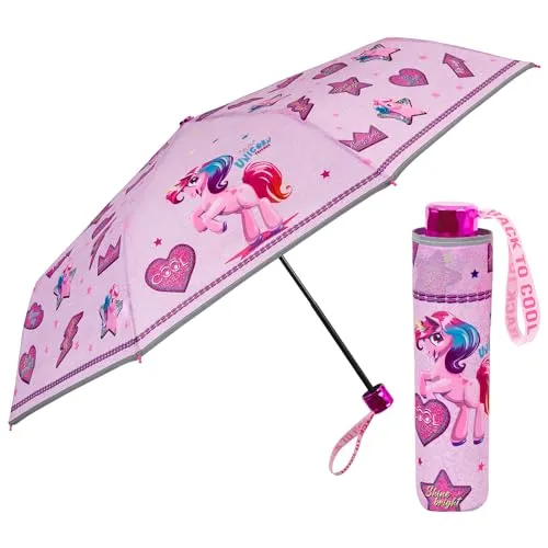 PERLETTI Einhorn Kinder Regenschirm Mädchen - Rosa Pink Unicorn Taschenschirm Minischirm Kinderschirm 7+ Jahren - Regenschirm Klein Windfest mit Reflektierendem Rand - Durchmesser 91 cm (Pink Denim)