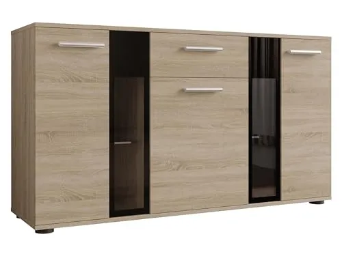 Mirjan24 Kommode Salsa - Hochwertiges Highboard in Sonoma Eiche - Buffetschrank mit 1 Schublade und 3 Türen, ideal für stilvolle Wohnräume. Optional mit blauer LED-Beleuchtung erhältlich, sorgt für ein modernes Ambiente.