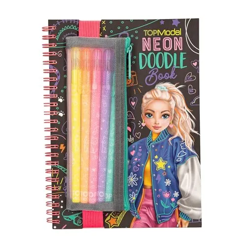 Depesche 13217 TOPModel Neon Doodle - Malbuch Set mit 70 Seiten in Schwarz und Weiß, inkl. 5 Neon Gelstiften und Sticker