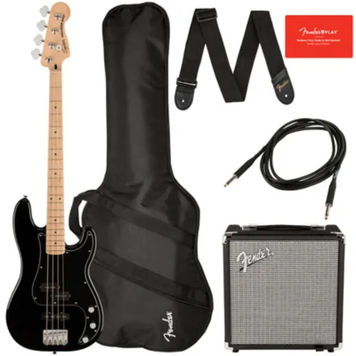 Squier Affinity Precision Bass PJ MN Black Pack - Komplettes Einsteiger-Set für Bässe mit E-Bass, Verstärker und Zubehör, ideal für Anfänger, hochwertiger Klang dank Dual-Tonabnehmer-System.