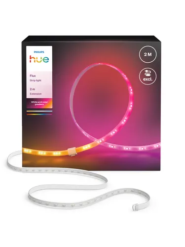 Philips Hue Flux LED Streifen Erweiterung 2 m - Erweitern Sie Ihr Hue Flux System mit diesem 2 m langen LED-Streifen. Genießen Sie brillante Farben und vielseitige Lichtstimmungen. Einfach über die Hue App anpassbar und für jeden Raum geeignet.