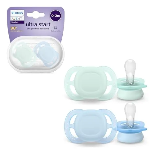 Philips AVENT Ultra Start Schnuller, kiefergerecht geformter Schnuller für Neugeborene, BPA-frei, mit Sterilisations-,Transportbehälter, Doppelpack, grün,blau, Modell SCF075/02