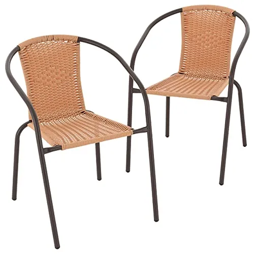 Nexos Trading 2er Set Bistrostuhl Stapelstuhl Balkonstuhl Rattanstuhl Gartenstuhl Terrassenstuhl Poly-Rattan Stahlgestell pflegeleicht stapelbar – Hellbraun
