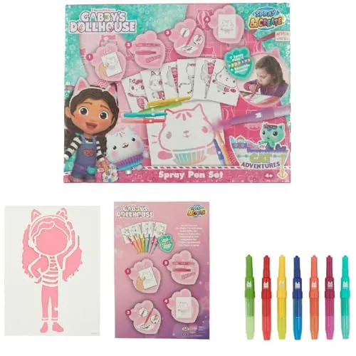 Gabby’s Dollhouse – Sprühstiftset (GD23364) – Sprühstiftset zum Malen und Zeichnen – 7 Stifte und 6 Schablonen zum Erstellen einzigartiger Farben und Designs - Spray Pen Set