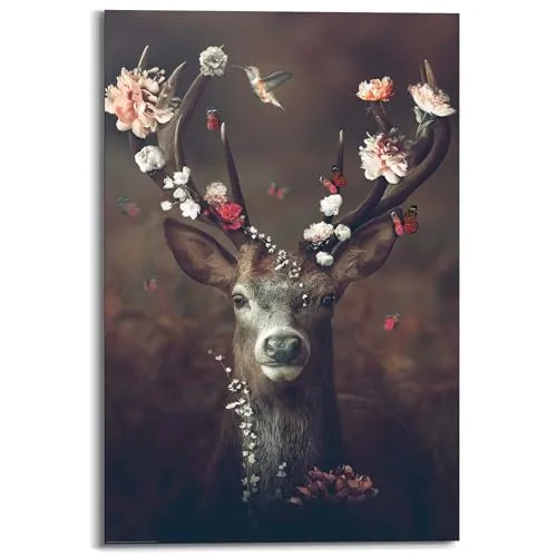 REINDERS Wandbild Hirsch 90x60cm - Poster & Kunstdrucke, modernes Wandbild mit Schwebeeffekt und integriertem Galerie-Aufhängesystem für eine einfache Montage im Wohnzimmer.