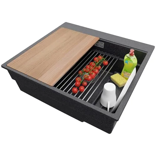 PRIMAGRAN Spülbecken Anthrazit 58x53cm, Granitspüle 1 Becken + Ablauf-Set + Küchenzubehörset, Küchenspüle ab 60er Unterschrank - Oslo Max S062