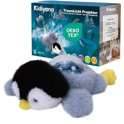 Kidiyana Kuscheltier mit Baby Einschlafhilfe, Plüschtier Himmel Projektor, Schlafmusik & Naturgeräusche, Bewegungs- & Weinsensor, Wiederaufladbar, Erstes Geschenk ab 0 Monat, Pinguin