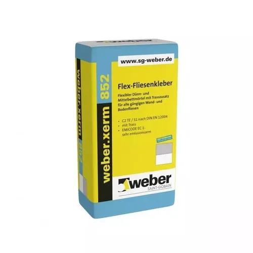 weber.xerm 852 Flex-Fliesenkleber 25kg grau - Flexibler Mörtel für Wand- und Bodenfliesen, ideal für Feucht- und Nassräume. Mit Trasszusatz für erhöhte Sicherheit gegen Kalkausblühungen und geeignet für Fußbodenheizung.