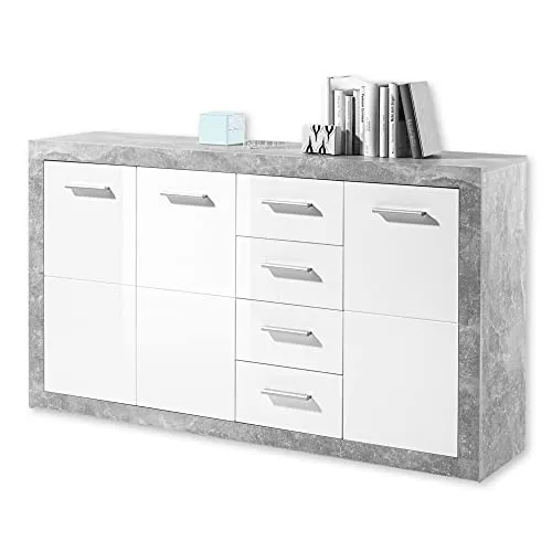STONE Kommode in Beton Optik und Weiß Hochglanz - Kommoden & Sideboards - Moderne Kommode mit viel Stauraum, ideal für jeden Raum und einfache Montage für Anfänger.