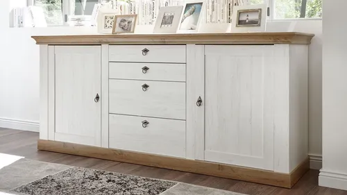 Sideboard Landhaus Kommode in Pinie weiß und Wotan Eiche Landhausstil Wohnzimmer